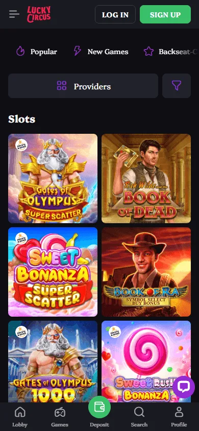 Lucky Circus Casino games view on a mobile device