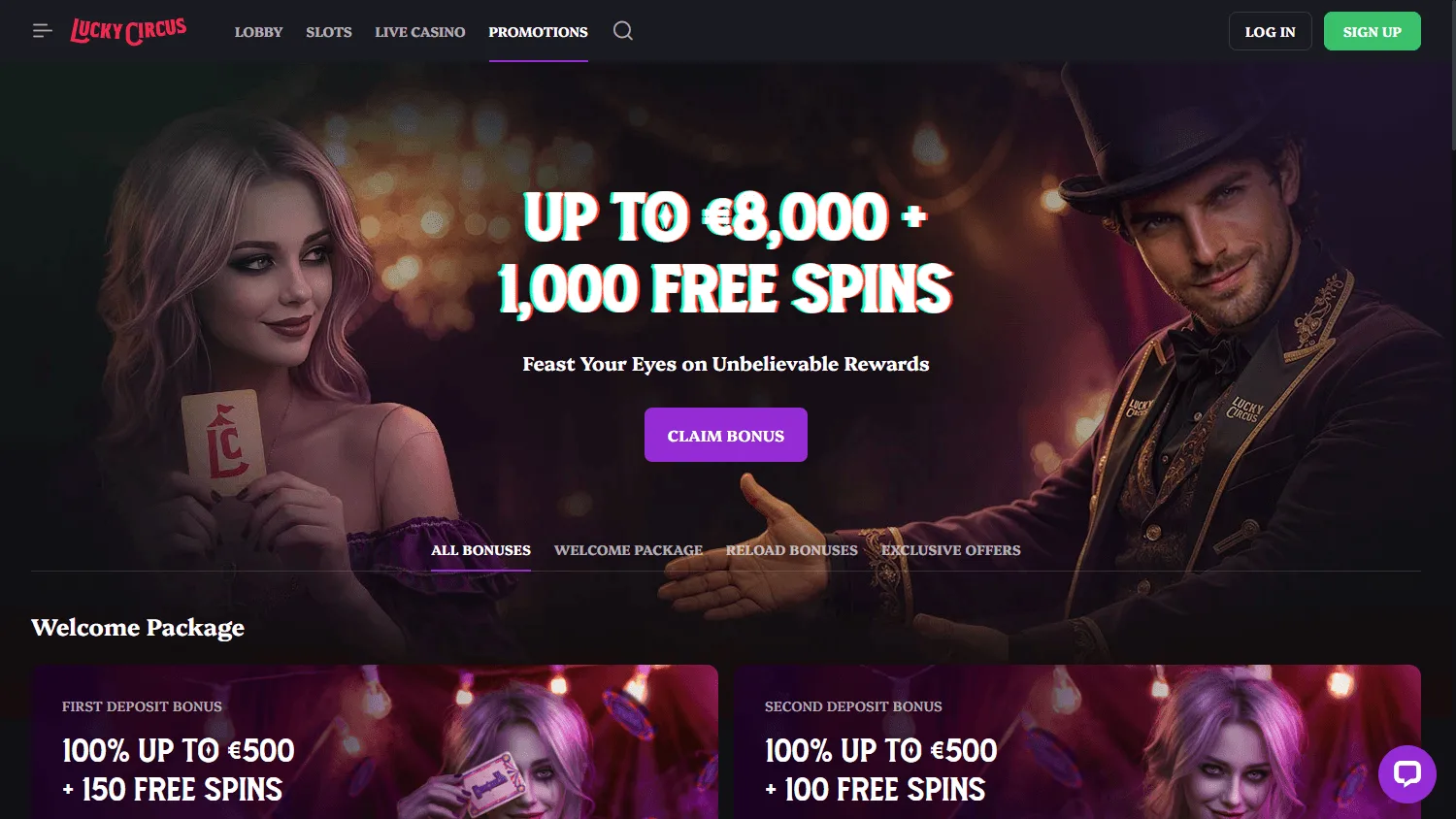 Lucky Circus Casino promotions view on desktop