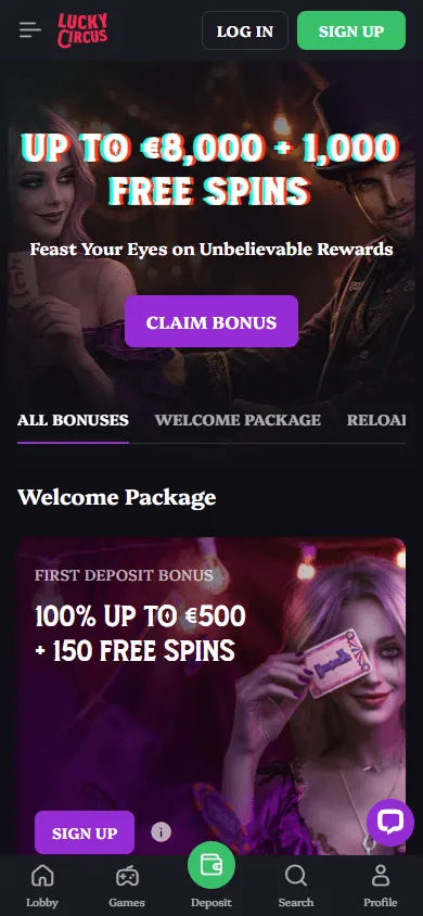 Lucky Circus Casino promotions view on a mobile device